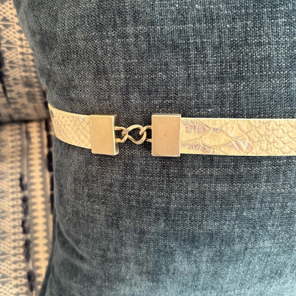 St. John Designer Snakeskin Italian Leather Skinny Belt Size Large Silver Cream - Picture 4 of 16